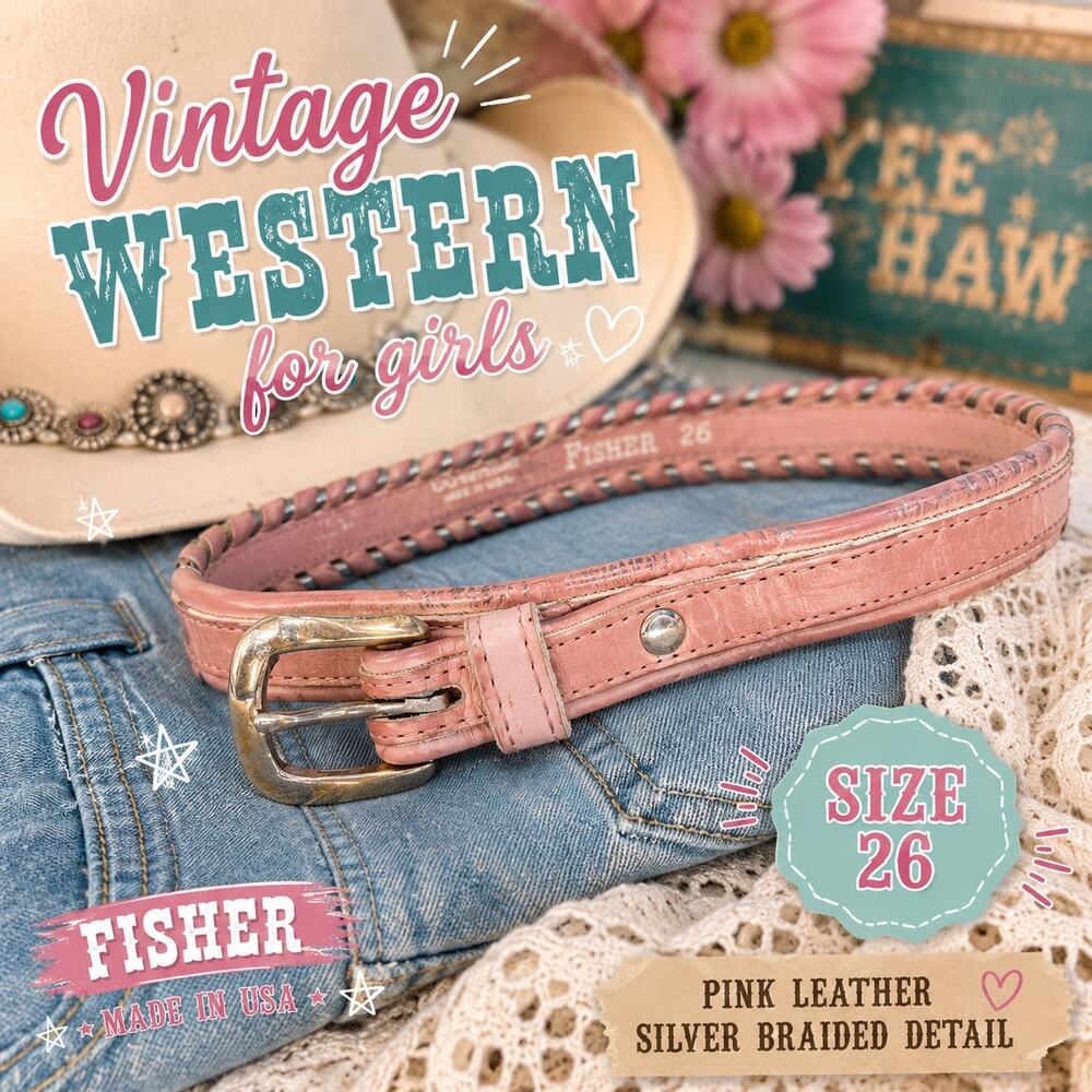 Vintage Fisher Girls Pink Leather Western Belt Silver Braided Size 26 Retro Farm